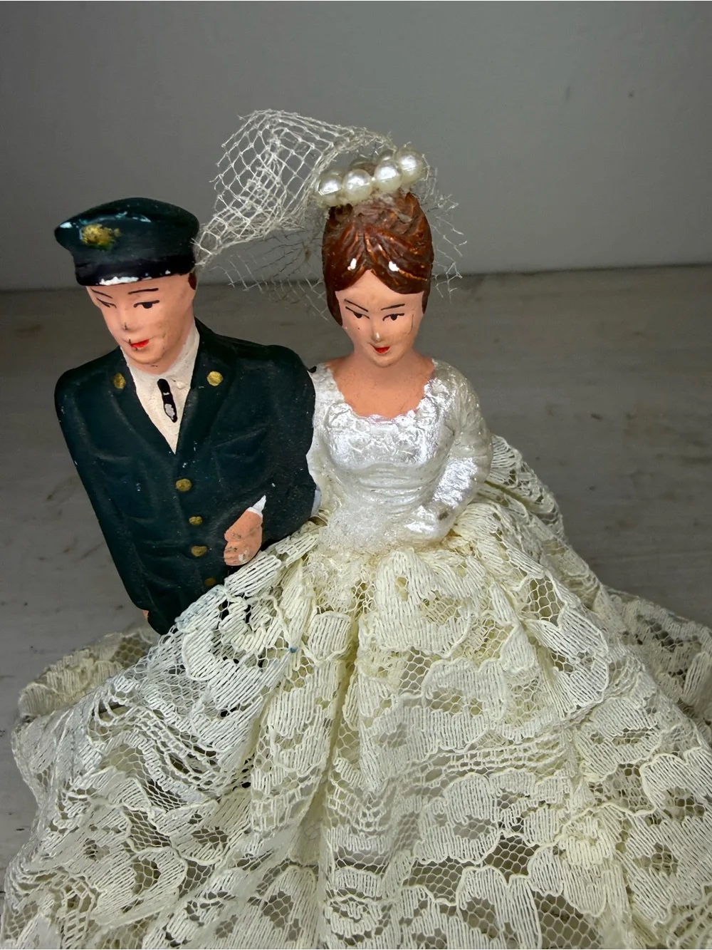 Vintage Military Army Chalkware Bride & Groom Cake Topper Featuring Lace Dress
